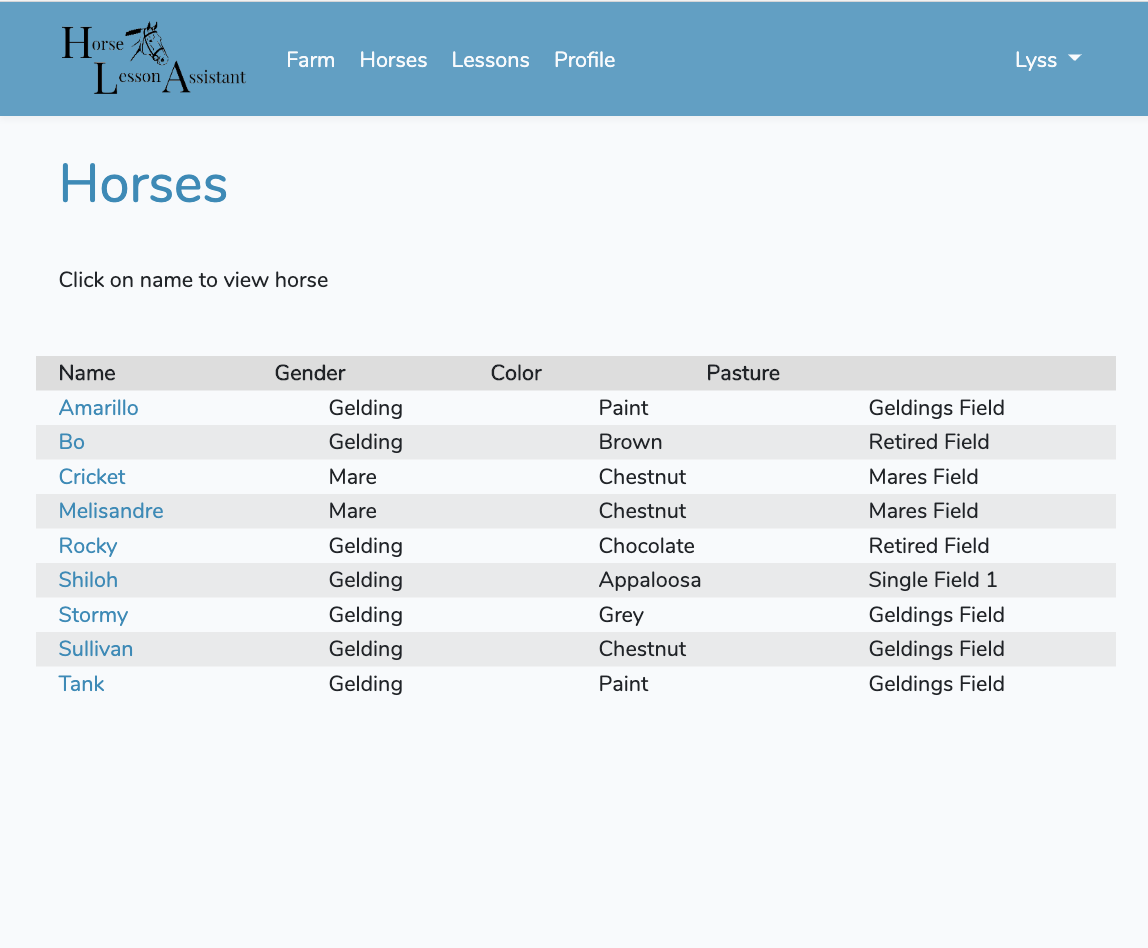 Screenshot of Horses List View
