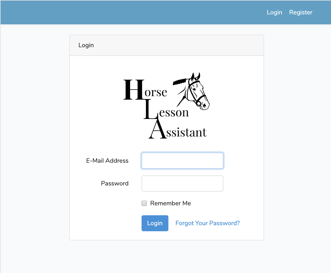 Screenshot showing Horse Lesson Assistant Login Page