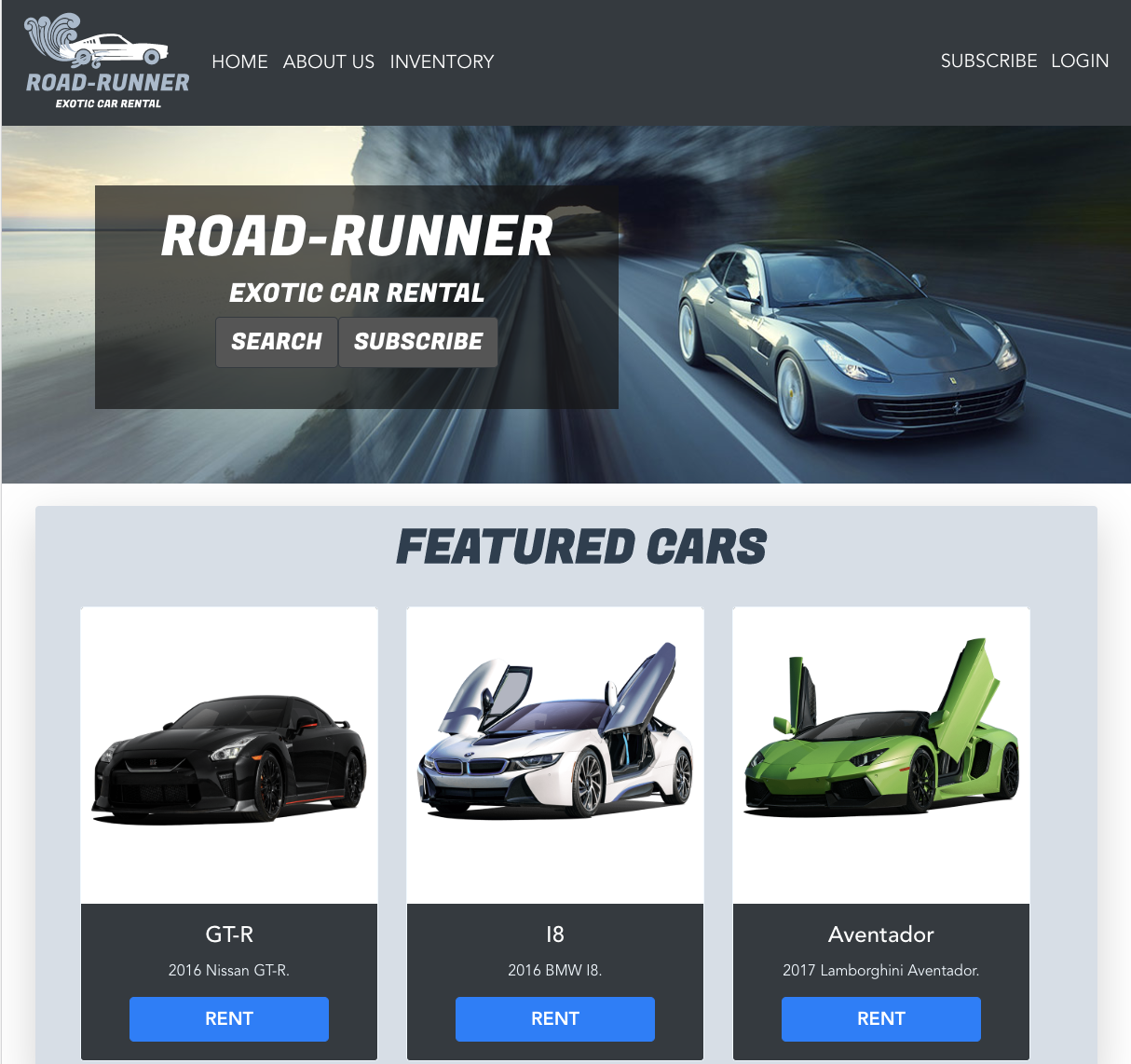 Screenshot of Road Runner Exotic Car Rental webpage